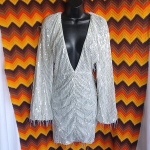 Celebrity Fashion by Hera Collection Dress Sz M Sparkling Silver Sequins, Deep V